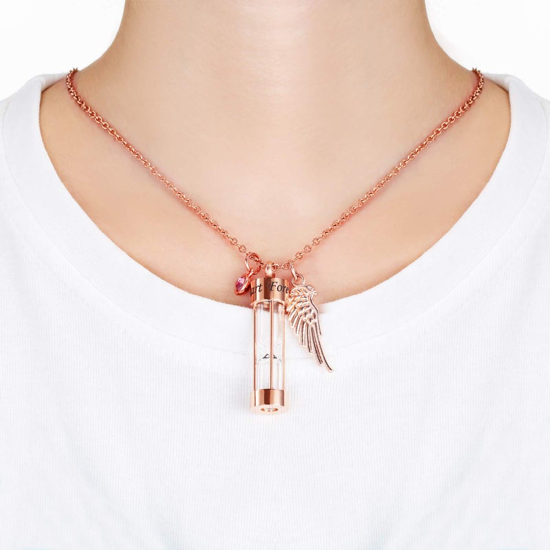 PREKIAR Cremation Urn Necklace for Ashes Timeless Hourglass Memorial Pendant Keepsake Jewelry for Human Pet Ashes with 12 Birthstone Angel Wing (Rose Gold Hourglass) - Image 4